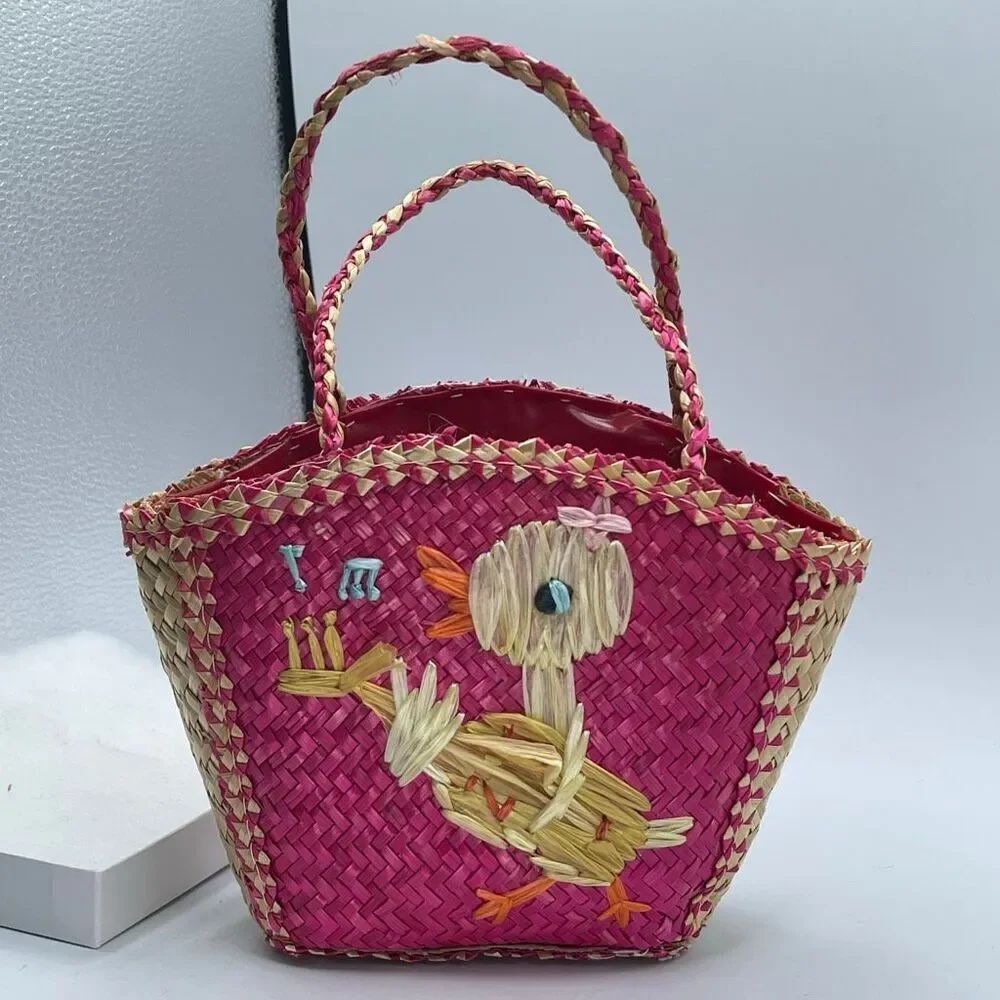 Vintage 70’s -80’s Novelty straw bag Singing bird with Guitars bright summer bag